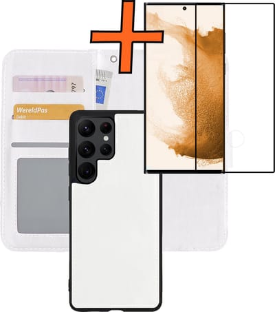 Hoes - 2 in 1 - Geschikt voor Samsung Galaxy S22 Ultra - Met Screenprotector - En Uitneembare Hard Cover - Bookcase - Wallet Case - Met Pasjeshouder - Book Case - Uitneembaar - Pashouder - Kunstleer - Wit