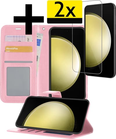 Hoesje - Met 2x Screenprotector - Geschikt voor Samsung Galaxy S23 FE - Luxe Pasjeshouder - Bookcase Portemonee - Flip Case - Kunstleer Book Case - Flipcase Hoes - Book Cover - Walletcase - Portemonneehoes - Telefoonhoesjes - Lichtroze