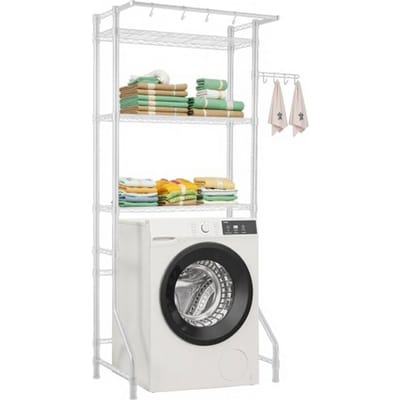 VEVOR Opbergrek boven wasmachine en droger, 3-laags droogrek met kledingstang en haken, verstelbare planken voor wasmachine met één laag, voor opslag en organisatie, wit