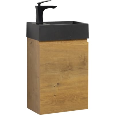 Badplaats Toiletmeubel Angela 40 x 22 cm – Eiken – Fonteinmeubel met Zwarte Wastafel