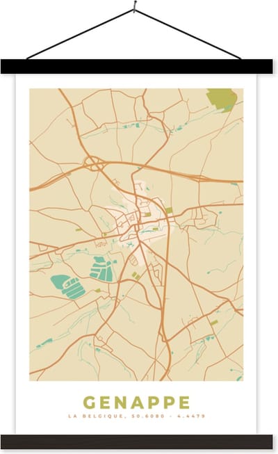 Posterhanger incl. Poster 40x60 cm - Schoolplaat - Kaart - Vintage - Plattegrond - Stadskaart - België - Genappe - Textielposter - Zwarte latten - Stadskaart