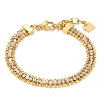 Twice As Nice Armband in goudkleurig edelstaal, bolletjes en steentjes 16cm+3cm