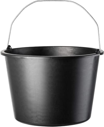 KADAX Bouwemmer, 20 liter, mortelemmer van kunststof, ronde emmer voor bouwplaats en tuin, stabiele wateremmer, cementemmer met handvat van metaal, mortelbak, zwart, poetsemmer (1)