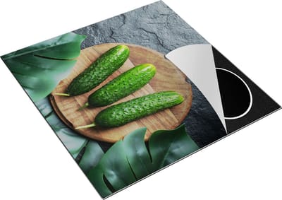 Chefcare Inductie Beschermer Komkommers met Bladeren op Zwarter Marmer - 78x78 cm - Afdekplaat Inductie - Kookplaat Beschermer - Inductie Mat