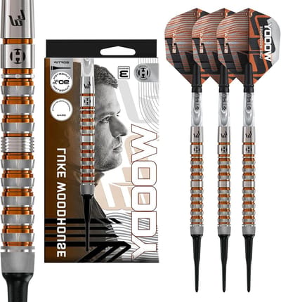 Harrows Luke Woodhouse Woody Darts, serie 3, softtip-dartset, 18 g, met heldere C-360 shafts & silica flights, professionele softtip darts voor elektronische dartboards, 18 g