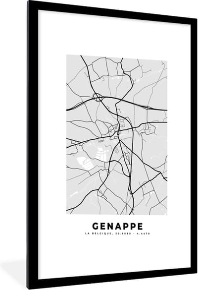 Fotolijst incl. Poster Zwart Wit- Stadskaart – Plattegrond – België – Zwart Wit – Genappe – Kaart - 60x90 cm - Posterlijst