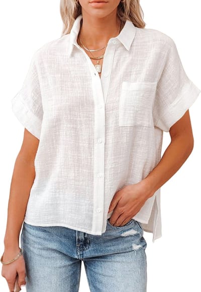 Linnen Dames Blouse Wit - Korte Mouwen - Fashion - Zomer