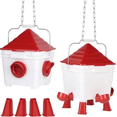 MTTproducts- Kippendrinkbak 7 Liter - Voederautomaat 8 kg - Automatische Voedering - Ophangbare Kippendrinkbak - Stalen Kettingen - Minder Verspilling