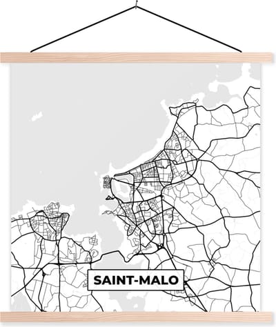 Posterhanger incl. Poster 40x40 cm - Schoolplaat - Frankrijk – Saint-Malo - Plattegrond – Stadskaart – Kaart - Zwart wit - Textielposter - Blanke latten - Stadskaart