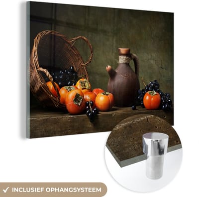 MuchoWow® Glasschilderij 150x100 cm - Schilderij acrylglas - Rustiek - Fruit - Kan - Mand - Stilleven - Foto op glas - Schilderijen
