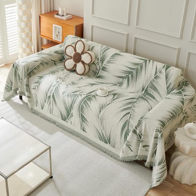 Chenille bankhoes 180 x 130 cm omkeerbaar met bladmotief en franjes