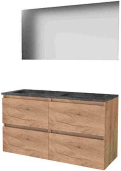 Basic-Line Ultimate 46 Badkamermeubelset - 120 x 46 cm - Greeploos - 4 Lades - Hardstenen Wastafel - 2 Kraangaten - Spiegel met Indirecte LED Verlichting - Whisky Oak