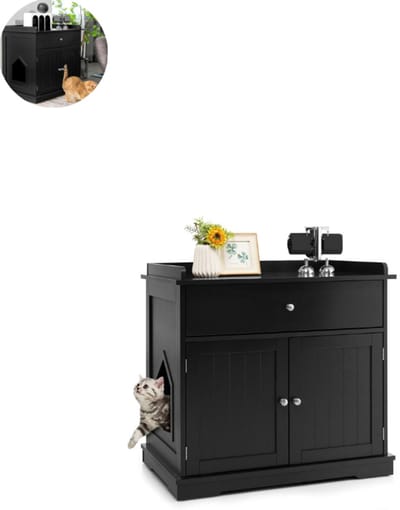 Kattenbak ombouw - Kattenbak kast - Kattenmeubel - Kattenhuis - 76 x 53 x 73,5 cm (L x B x H) - Zwart