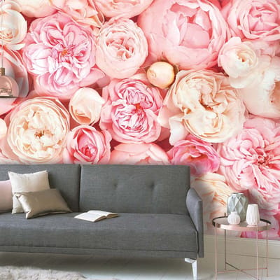 Fotobehang met pioenrozen, Romantisch behang met bloemen, 3D behang met rozen roze, 3,5 x 2,55 m, Vliesbehang in pastel roze, BRICOFLOR.nl