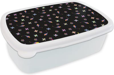 Broodtrommel Wit - Lunchbox - Brooddoos - Regenboog - Windmolen - Patroon - Kinderen - 18x12x6 cm - Volwassenen