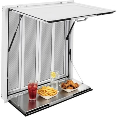 VEVOR Foodtruck Verkoopraam 915 X 915 X 110 mm Aluminiumlegering, Verkoopraam met Regenbescherming, Opent tot 85°, Opklapbaar Plank, met 4 Schuifbare Horren en Trekhaken