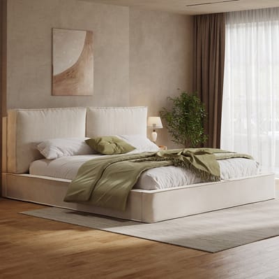 MIVRAY Bed 180x200 cm - Tweepersoonsbed met Gestoffeerd Hoofdbord en Lattenbodem - Zonder Matras - Chenille - Beige
