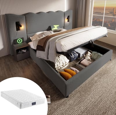 MEUNIQ tweepersoons opbergbed 160x200 met USB en Type-C, leeslampen, hydraulische opbergruimte, lattenbodem en stoffen hoofdbord voor slaapkamer, grijs