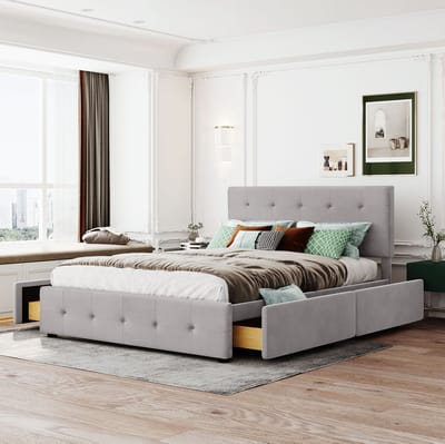MEUNIQ gestoffeerd bed 140 x 200 cm met 4 lades, lattenbodem en hoofdbord, tweepersoons bedframe voor slaapkamer en logeerkamer, grijs
