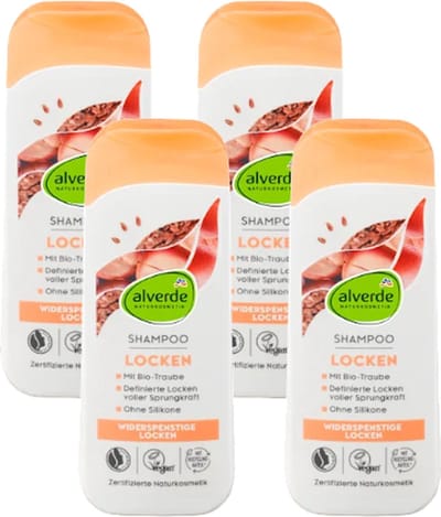 Alverde Naturkosmetik Shampoo Curly Hair Lokken | MULTI-VERPAKKING 4x 200 ml - Bio-Lijnzaad en Bio-Druiven - Voor pluizend haar - pH Neutraal & Siliconenvrij - Vegan Haarshampoo