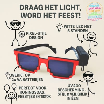 Doppler Pixel LED Partybril – Rood – UV400 Neon, Draadloze, Batterij-Aangedreven Feestbril - Techno Party Glasses - Men & Women - Lichtgevende Bril - Bril met LED verlichting - Bril met Licht - Perfect voor Feesten & Bruiloften & Koningsdag