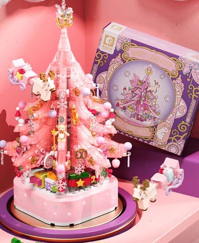 Roze Kristallen Kerstboom met Verlichting - Bouwstenen & Muziekdoos - 675+ delig