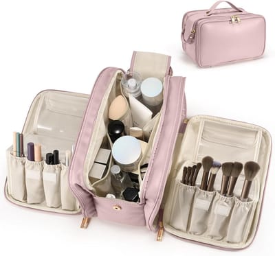 Reizende Make-up Tas voor Vrouwen – Roze Grote Capaciteit Draagbare Organizer, Waterdichte Toiletartikelen Tas met Grote Opening & Zelfstandig Staande Kwastopslag