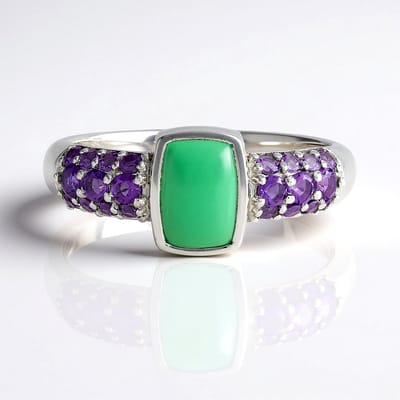 Cavill - Zilveren ring met chrysopraas 0,99 ct en 22 amethisten 0,47 ct - 925 Sterling zilver gerhodineerd - Antieke cabochon - Elegant groen en paars