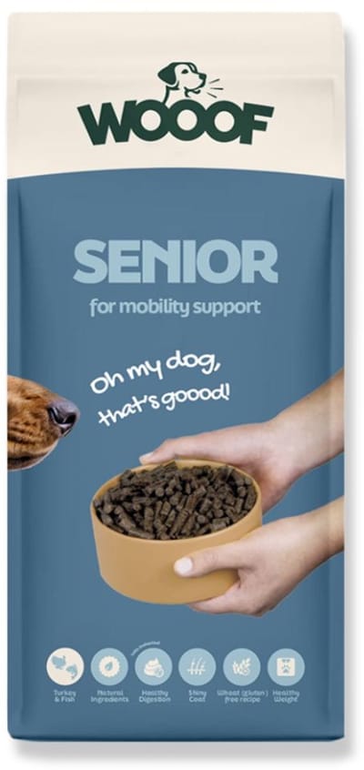 WOOOF Senior 18kg - Geperst hondenvoer - Kalkoen en Vis - Soepele gewrichten - Oudere honden - Droogvoer - 18kg