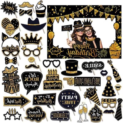 Verjaardag photo booth props 36-delige set - zwart en goud - decoratie voor feest - maak onvergetelijke foto's - ShopVlot