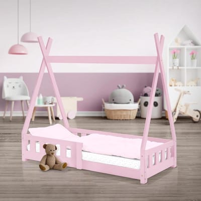 Huisbed Tipi 70x140 cm Roze met Valbeveiliging en Lattenbodem van Grenenhout