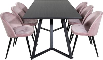 MarinaBLBL eethoek eetkamertafel zwart en 6 Velvet eetkamerstal velours roze, zwart.