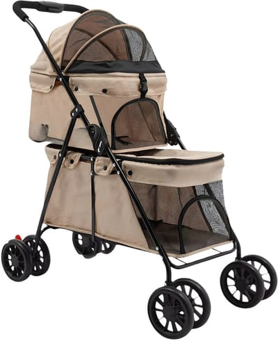 Dierenwagen – Voor kleine honden en katten – 2-laags opvouwbaar met ademende gaasramen – Kaki