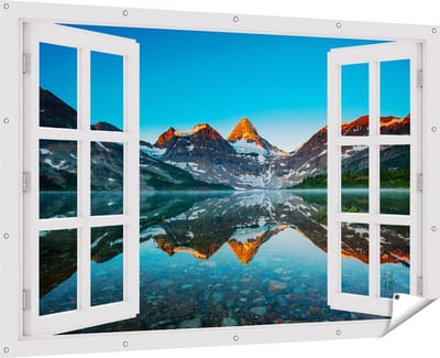 Gards Tuinposter Doorkijk Berg Assiniboine bij het Meer in Canada - 180x120 cm - Tuindoek - Tuindecoratie - Wanddecoratie buiten - Tuinschilderij