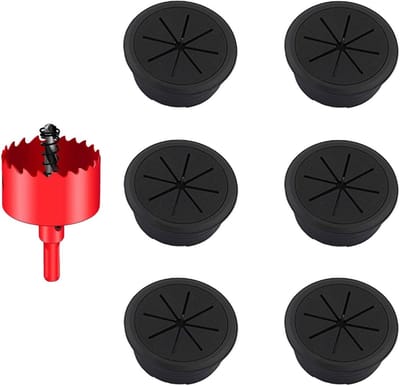 6-delige set kabeldoorvoeren voor bureau, 60mm, flexibele kabelgaten, kabelbeheer voor kantoor en thuis, inclusief gatenzaag (zwart)