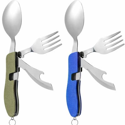 BOTC Campingbestek Set Inklapbaar - 4in1 - Set van 2 stuks - RVS - Survival Outdoor Camping - Vork, Lepel & mes opener