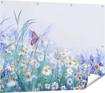 Gards Tuinposter Witte Kamille Bloemen met een Vlinder - 120x90 cm - Tuindoek - Tuindecoratie - Wanddecoratie buiten - Tuinschilderij