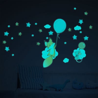 Lichtgevende sticker - VOS EN VLIEGENDE MUIS + 80 STERREN - Fluorescerende muur-/plafondsticker voor kinderen - 100x135cm