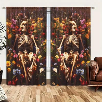 2 stuks Romantisch Bloemen Schedel Bedrukte Gordijn voor Huisdecoratie - Stangzak Raambekleding voor Slaapkamer, Kantoor, Keuken 52.5cmX116cm X 2pcs white