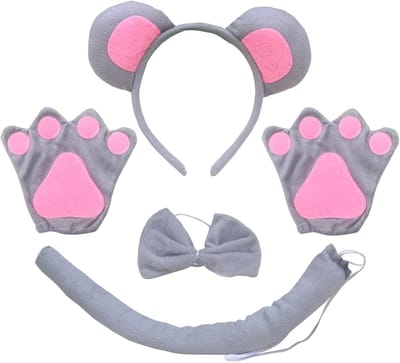 5-delige Muizen Kostuum Set met Staart, Handschoenen, Roze Strik en Oren voor Volwassenen en Kinderen, Perfect voor Cosplay, Verjaardagsfeesten en Halloween Feestjes