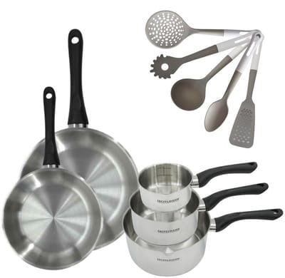 Fackelmann 9223050 Set RVS Pannen 12/16/20 cm & RVS Koekenpannen 24/28 cm Geneva Zonder PFAS met 5 Keukengerei
