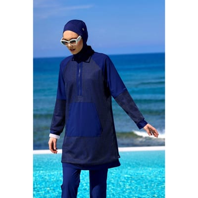 Marineblauwe, bescheiden badmode Burkini-set met volledige dekking