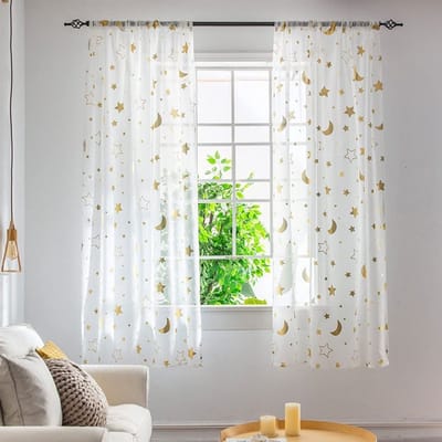 Dailygoods- Gordijnen 1 m lang - Voile - Transparant - Meisjeskamer - Patroon maan/sterren - 100% Gloednieuw - 1 paneel 1 m x 1,3 m - Raamdecoratie
