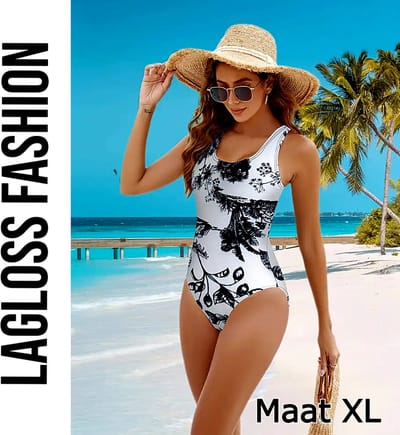 LaGloss® Badpak Dames – Zwart Wit Print – Eendelig Slankmakend Zwempak – Maat XL