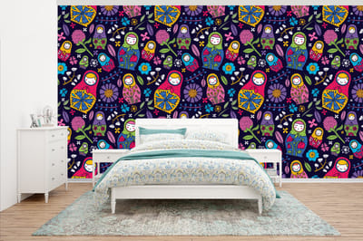 Behang - Fotobehang Matroesjka - Rusland - Bloemen - Breedte 500 cm x hoogte 280 cm