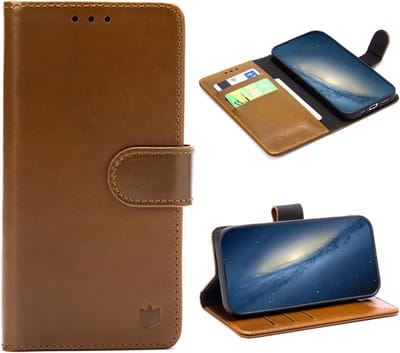 Casemania Echt Leren Hoesje Geschikt voor Apple iPhone 16e - Sienna Brown - Leer Book Cover - Portemonnee Hoes met Pasjeshouder