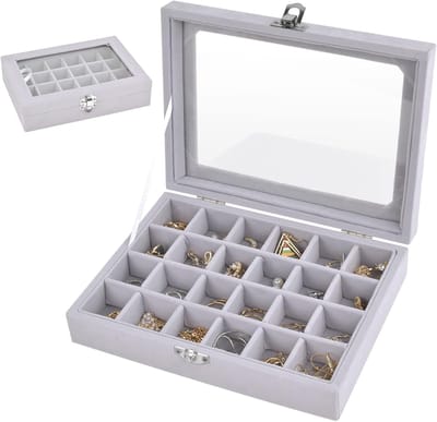 KZQ Sieradenopbergdoos, fluwelen opbergdoos voor oorbellen, 24 vakjes, glazen deksel, verstelbare vakjes, geschikt voor het opbergen van kettingen, ringen, armbanden en horloges.