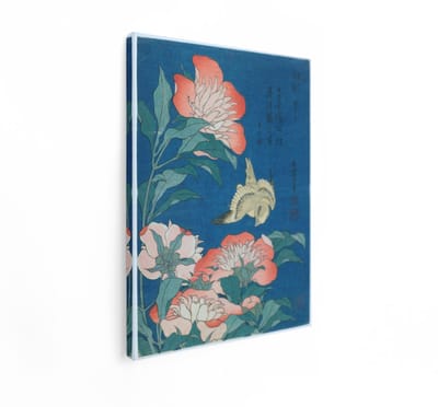 Artaza Canvas Schilderij Japanse Prent - 30x40 cm - Wanddecoratie Pioenrozen - Muurdecoratie Vogel - Schilderijen Op Canvas Bloemen