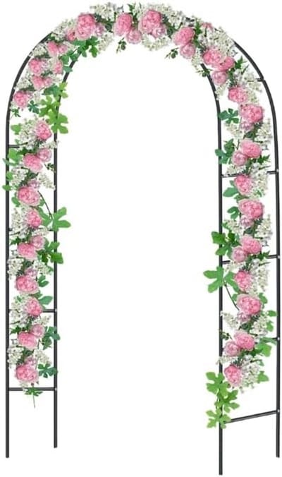 Rozenboog van metaal, in zwart, 240 x 38 x 140 cm (H x D x B), poortboog, klimboog, voor rozen, weerbestendige klimhulp met versiering, rozentrellis, roestvrij, voor tuin, D08