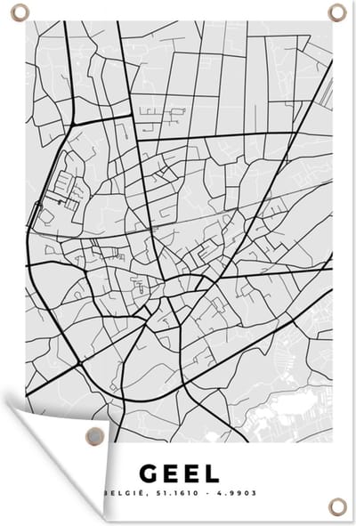 Muurdecoratie België – Geel – Stadskaart – Kaart – Zwart Wit – Plattegrond - 120x180 cm - Tuinposter - Tuindoek